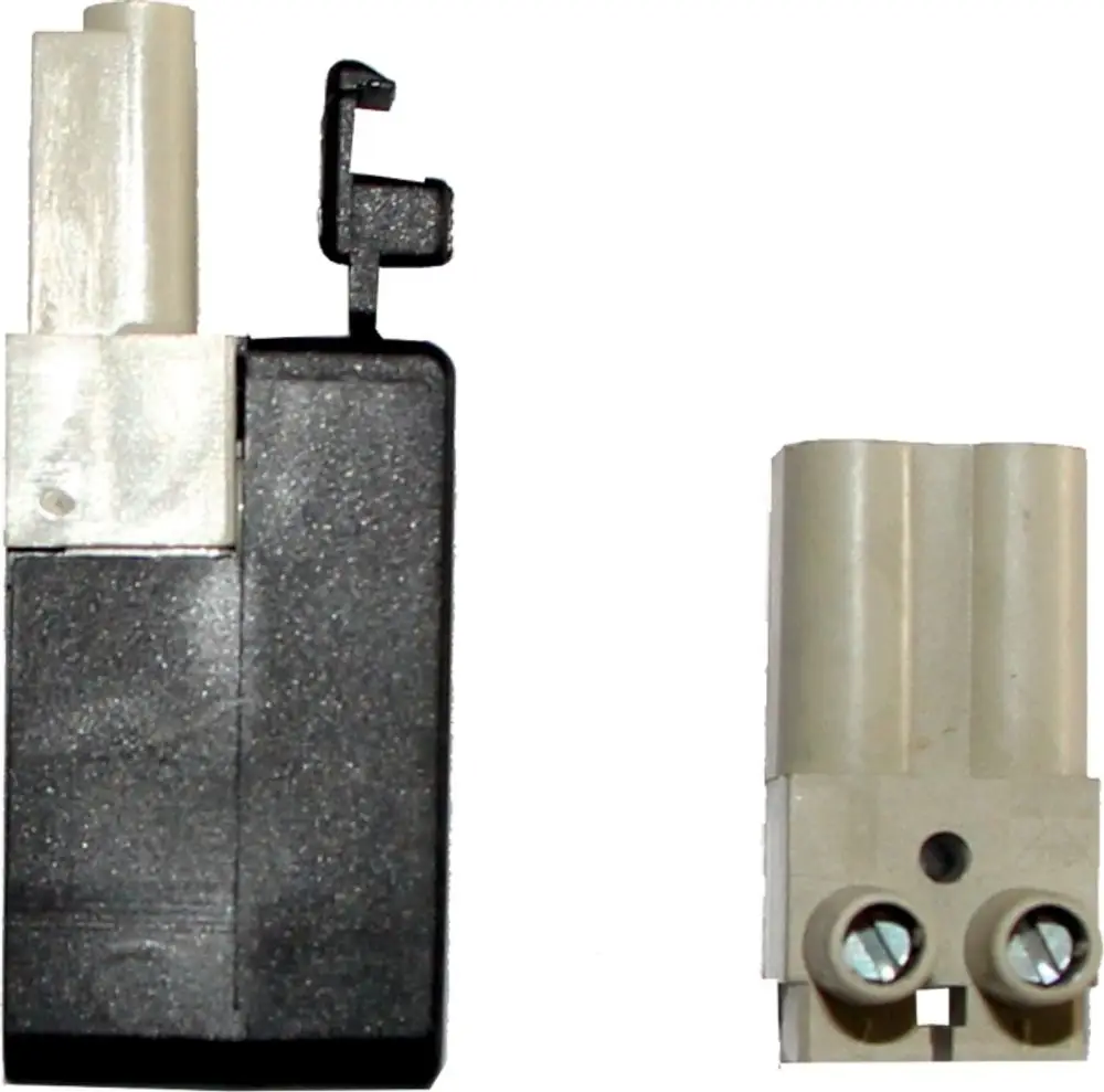 Zwei-teiliger Stecker und Buchsenanschluss in Grau, passend für Produkte der Marke Wolf. Komponenten sind getrennt abgebildet, mit spezifischer Anschlussgeometrie.